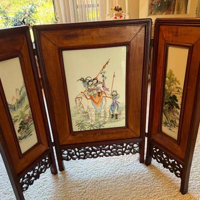 Three-Panel Asian Folding Screen with Hand-Painted Porcelain Inserts