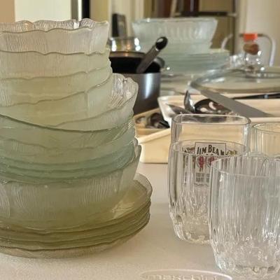 Mixed Lot of Textured Glass Bowls, Plates, and Assorted Drinking Glasses