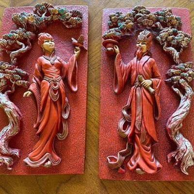 Pair of Asian-Style Immortal Scholar Wall Plaques in Red with Tree Motif