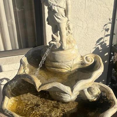 Two-Tier Cast Stone Garden Fountain with Child Figure Statue