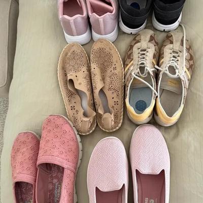 Women’s Casual Footwear Lot Including Skechers, Sneakers, Flats, and Slip-Ons