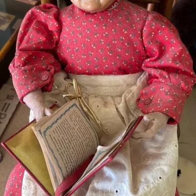 Vintage Granny Doll Figurine Seated in Wooden Chair with Book