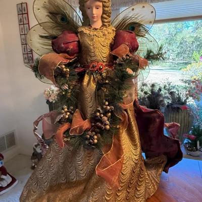 Large Ornate Angel Christmas Tree Topper with Gold Gown and Decorative Wings