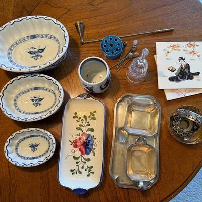 Victoria Ware Ironstone Blue & White Serving Dishes with Hand-Painted Floral Tray, Asian Motif Cup &