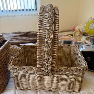 Two Woven Wicker Baskets – Braided Handle Basket & Lidded Storage Basket