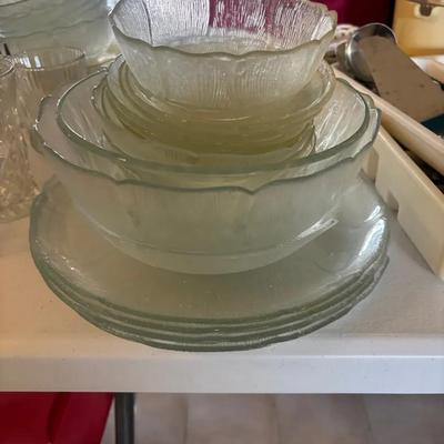 Translucent Pressed Glass Bowl and Plate Set with Textured Floral Pattern