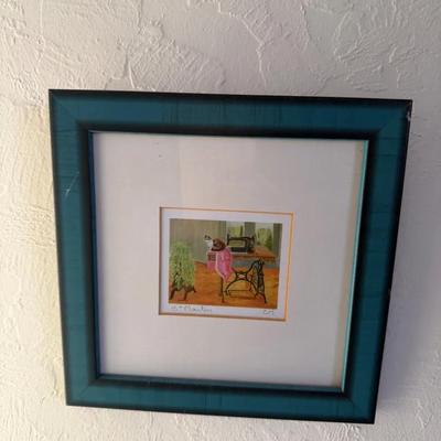 Framed Miniature Artwork: Cat with Sewing Machine Scene