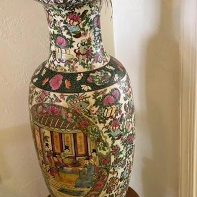 Large Chinese Famille Rose Style Floor Vase with Carved Wooden Pedestal Stand