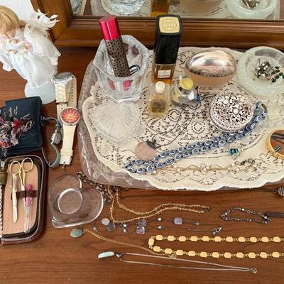 Vintage Vanity & Sewing Accessories Assortment with Jewelry, Perfume Bottles, Watches, and Porcelain