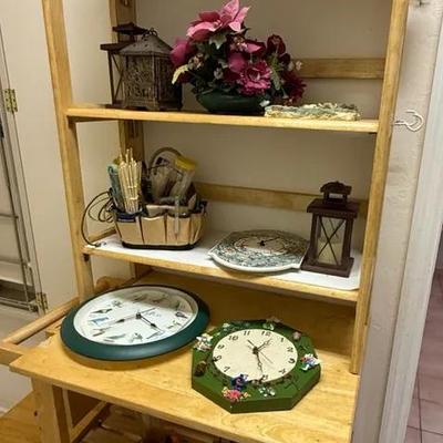 Rolling Wooden Garden Cart with Shelves and Mixed Garden Decor Contents