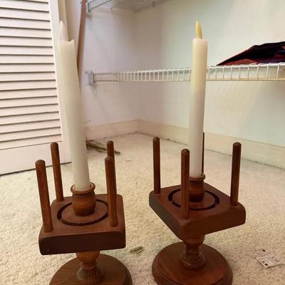Pair of Solid Wood Candlesticks with Taper Candles 