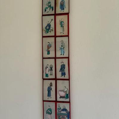 Vertical Asian Figurative Artwork Panel with Red Frames