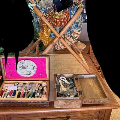 Sewing Basket with Vintage Thread Spools, Needles, and Sewing Notions