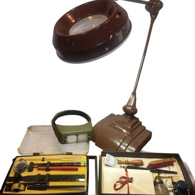 Vintage Drafting & Desk Accessories Lot – Magnifying Lamp & Tools