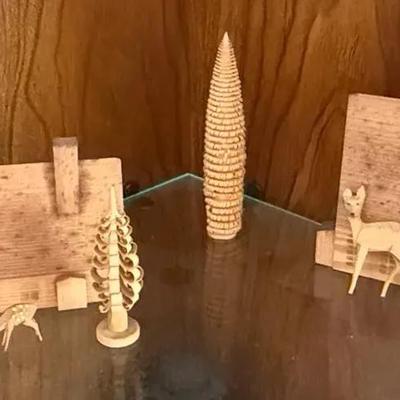 Vintage Hand-Carved Wooden Alpine Village Scene with Deer, Trees & Houses