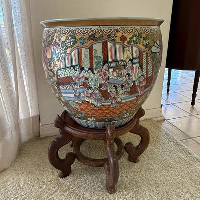 Large Hand-Painted Chinese Porcelain Fish Bowl Jardiniere with Goldfish Motif and Carved Wooden Stan