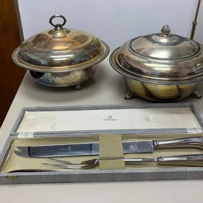 Set Of 2 Silver Plated Serving Platters With Gentry Meat Carving Set