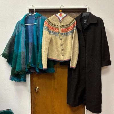 Vintage Wool Sweater Handmade In Norway ≈S/M, Eileen Fisher Wool Peacoat M, Green/Teal Poncho No Tag