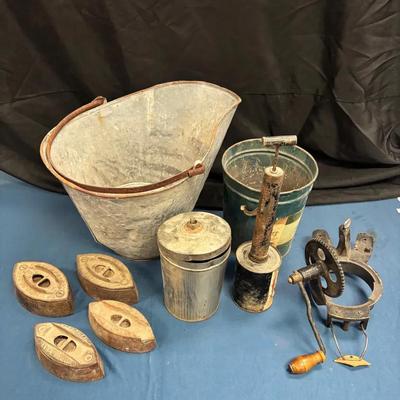 Vintage Wares: Ice Cream Maker, Gambles Tin, Churner, Weights & Bug Spray Canister