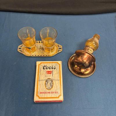 Vintage Amber Shot Glasses & Miniature Kerosene Lamp & Coors Banquet Cards