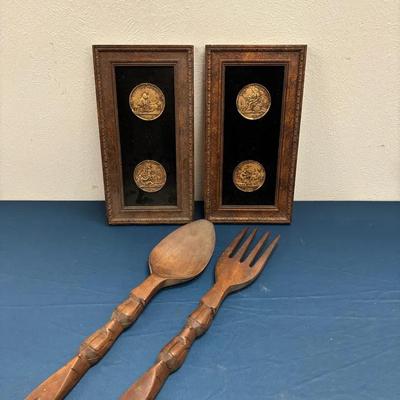 Two Numismatist Collectible Coin Plaques & Decorative Wooden Utensils