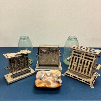 Antique Universal Toasters, Brown Slag Glass Ashtray & Ball Mason Jars
