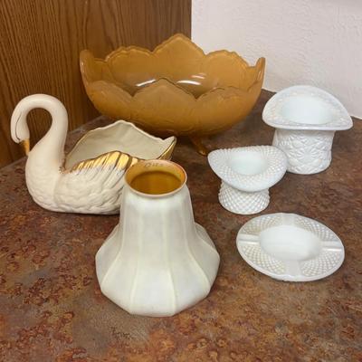 MCM Decor: Fenton Milk Glass Top Hat Trinket Dishes, Quezal Pearlescent Lamp Shade, Lenox Swan Dish…
