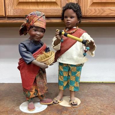 Two Marlena H. Neilsen West African Porcelain Dolls On Stands, 20” Tall, By The Danbury Mint