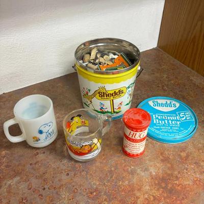 Shedd’s Peanut Butter 5lb Tin Of Vintage Buttons & Sewing Notions, Garfield & Peanuts Mugs