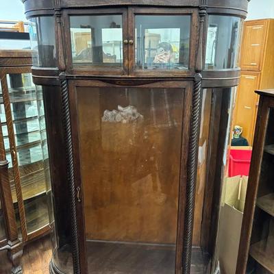 Large Curio Cabinet W/ Wooden Shelves & Built In Mirror