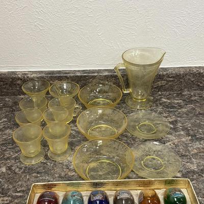 Vintage Yellow Depression Glass Set and Collectible Wine Goblet Set 