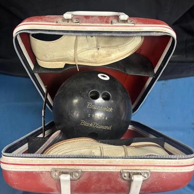 Vintage Brunswick Hard-Shell Bowling Ball Bag W/ Black Diamond Ball & Brunswick Shoes