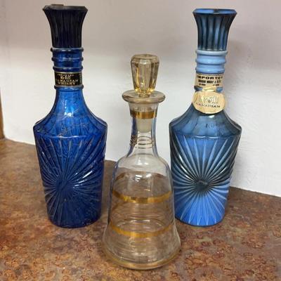 Vintage Liquor Bottles & Decanter - McGill Canadian Whisky Blue Sunburst Glass MCM Design 
