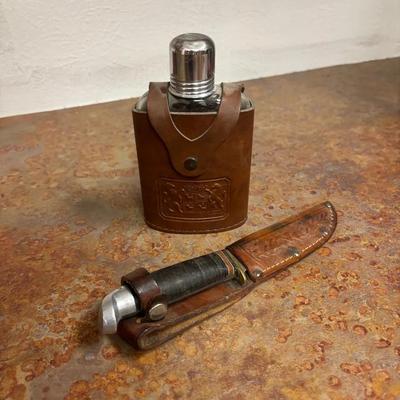 Vintage Irvinware Glass Flask & Western Knife, Each w/ Leather Case, MADE IN USA