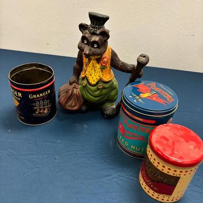 Vintage Ceramic Large Brown Bear & Vintage Tin Cans