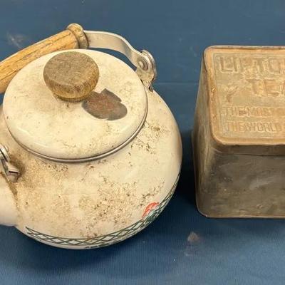 Vintage Lipton Tea Tin & Ceramic Tea Pot W/ Wooden Handle