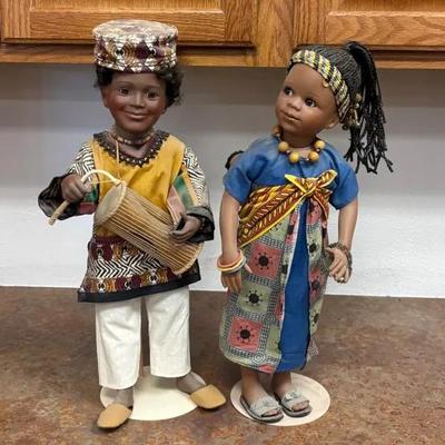 Pair Of Marlena H. Neilsen West African Porcelain Dolls On Stands, 20” Tall, By The Danbury Mint