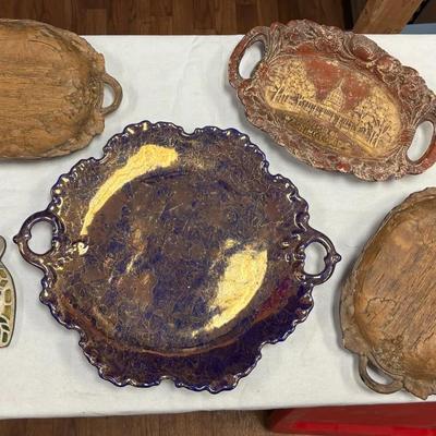 3 Rustic Wooden Serving Trays, Ornate Glass Tray And Metal Pot Holder
