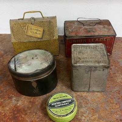 5 Vintage Tins: Lipton’s Tea, The J.R. Watkins Co, Larus & Bro Co & Union Leader Cut Plug Tobacco…