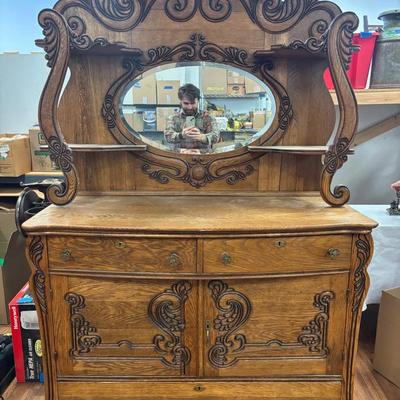 Antique Victorian Figural Carved Oak Sideboard Buffet On Wooden Wheels