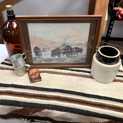 J.E. Trott Buffalo Print, Duroglas Jug, Vintage Croc, Leather Shopping List Holder And Tin Cups