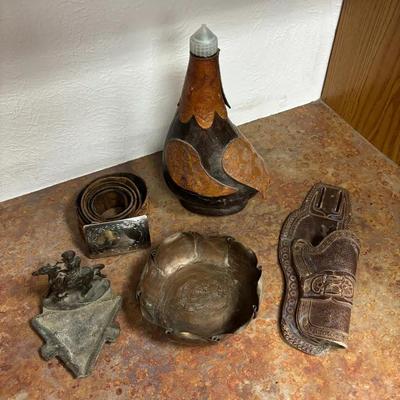 Craftsman Co Copper Bowl, Leather Flask Made In Italy, Leather Belt w/ Buckle, Holster, MCM Ash Tray