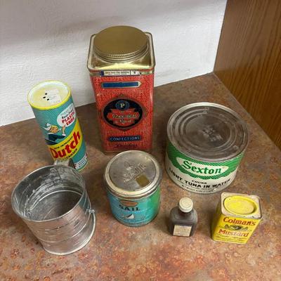 Bromwell’s Measuring Sifter, Vintage Tins: Sail Tobacco, Peerless Maid Confections, Dutch Cleanser