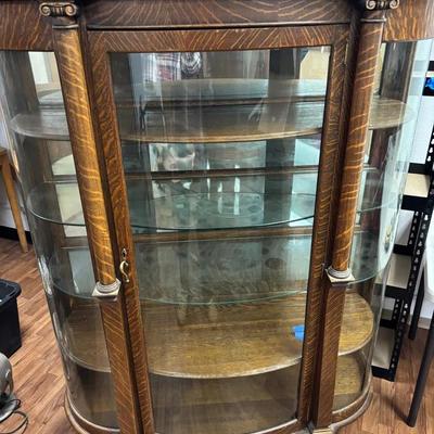 Antique Round Curio Cabinet W/ Key & Built In Mirror W/ Glass Shelves