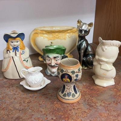 Quirky MCM Ceramic Lot! Bo Peep Made In USA, Ries Japan Cat, Gerz Germany Wine Goblet