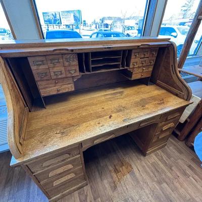 Vintage Wooden Roll-Top Desk With Secret Button Lock Drawer
