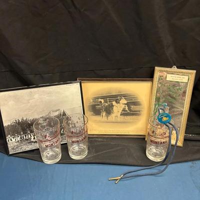 Montana Lot: Fort Benton Cards, Montana Bolo, Three Montana Art Pieces & Three Montana Glass Cups