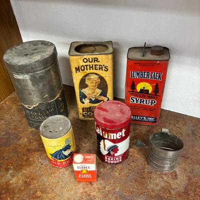 Lot Of Vintage Food & Cleaning Tins: Old Dutch, Calumet, Coffee, Syrup, Nesco One Cup Sifter…