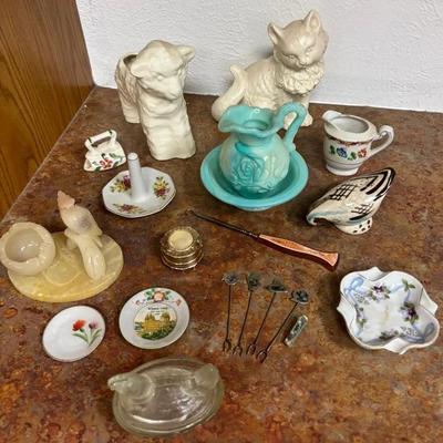 Sweet Cottagecore Lot! Midcentury Ceramics, Glass, Alabaster Bird Carving, Goldtone Address Book…