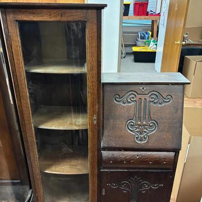 Antique Curio Cabinet W/ Built In Secretary On Wooden Wheels